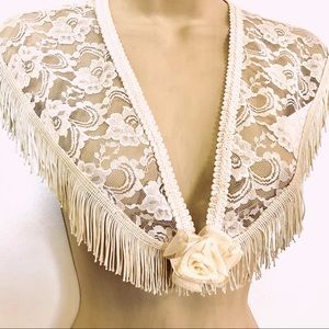 Sz Small Handmade Ivory Lace Shawl/Collar with Rose Brooch, Ladies Accessory